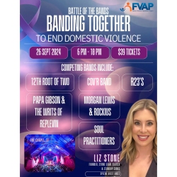 Promotional poster for "Banding Together to End Domestic Violence" event on September 26, 2024, featuring live bands and hosted by Liz Stone. Event runs from 6 PM - 10 PM with $33 tickets.