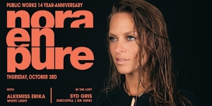 Image promoting Public Works 14th Anniversary featuring Nora En Pure, with Alkemiss Erika and Syd Gris, on Thursday, October 3rd.