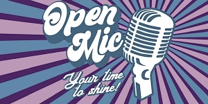 Illustration of a vintage microphone with the text "Open Mic" above it and "Your time to shine!" below it, set on a radial background of blue and purple stripes.