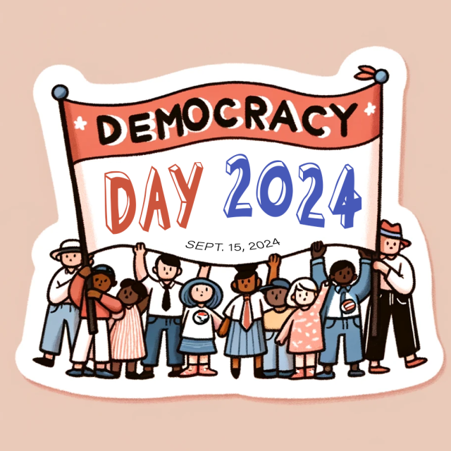 Illustrated group of diverse people holding a large banner that reads "Democracy Day 2024" with "Sept. 15, 2024" written underneath. They are dressed in various outfits and appear to be celebrating.