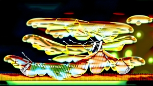 Abstract digital art featuring neon-colored shapes, including abstract flowers and wings, arranged against a dark background with hints of green and orange hues.