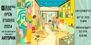 Colorful illustration of an art studio with artists painting and creating. “The Drawing Room Open Studios 2024” details on the right, showing dates: Oct 12-13, 11-6pm, and preview party: Oct 11, 5-9pm.