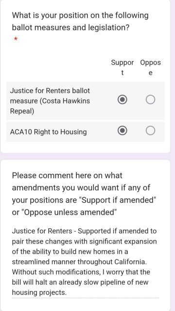 A survey form about ballot measures, with options to support or oppose. The measures are "Justice for Renters" and "ACA10 Right to Housing." A comment section discusses potential amendments.