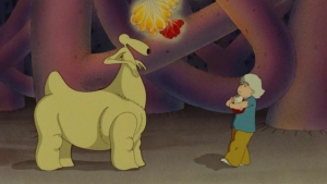 An animated scene featuring a yellow, camel-like creature and a child holding an object, standing in a colorful, abstract environment.