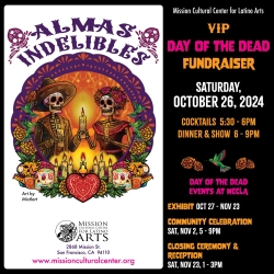 Colorful Day of the Dead fundraiser poster with skeletons, flowers, and event details. Hosted by Mission Cultural Center for Latino Arts on October 26, 2024.