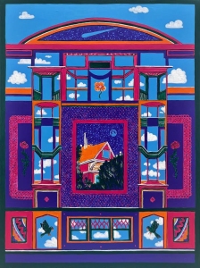 Colorful abstract artwork featuring a series of geometric frames. A central frame contains an image of a house with trees. The composition includes shades of blue, purple, orange, and pink.