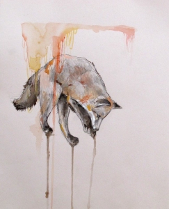 Watercolor painting of a wolf. The wolf leans forward, with paint drips creating a melting effect. The background is a light, neutral color.