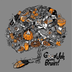 Illustration of a brain formed by various foods and food-related items, with the text "Good Job, Brain!" at the bottom. Predominantly gray, orange, and black colors are used.