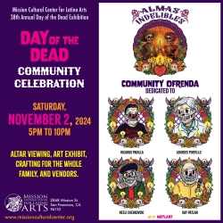 Day of the Dead celebration poster featuring cartoon skeletons. Event details: November 2, 2024, 5-10 PM, at Mission Cultural Center. Includes altar viewing, art exhibit, and vendors.