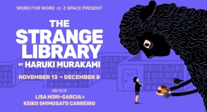 Illustrated poster for "The Strange Library" by Haruki Murakami, showing an imaginative creature handing a small object to a person, set against a backdrop of library shelves.