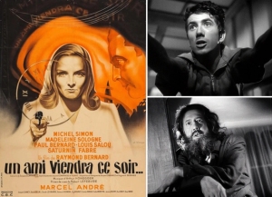 A collage with a movie poster for "Un Ami Viendra Ce Soir" on the left and black-and-white images of two people, one above the other, on the right side.