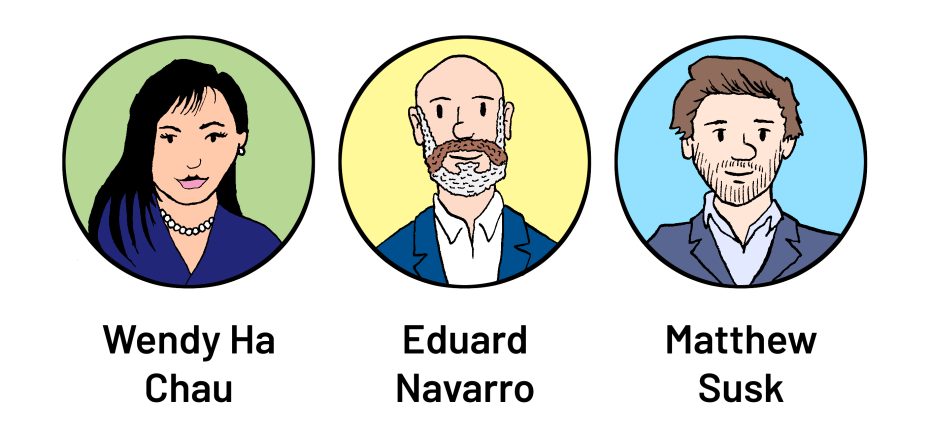 Illustration of three people: Wendy Ha Chau, Eduard Navarro, and Matthew Susk, each in separate circular frames with different color backgrounds.