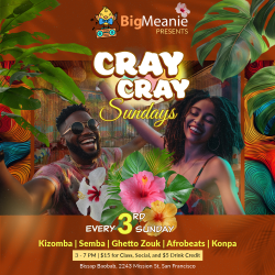 A colorful poster for "Cray Cray Sundays" event featuring lively people, tropical themes, and music genres like Kizomba and Afrobeats. Held every third Sunday at Bissap Baobab, San Francisco.