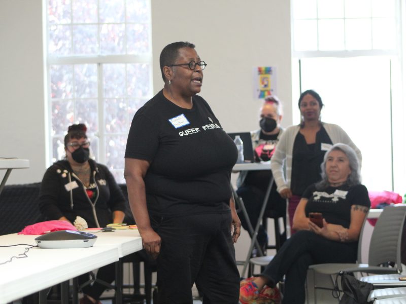 Crystal Mason speaks about the importance of the Dyke March for the community at Chan National Queer Arts Center on Saturday Oct. 26, 2024. Photo by Oscar Palma.