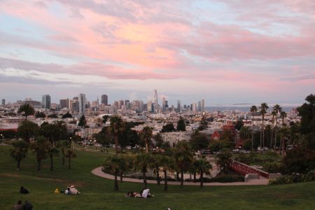 View of a city skyline with palm trees in the foreground, seen from a park at sunset. The sky is pink and orange.