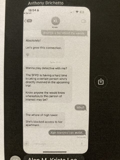Screenshot of a text conversation discussing the difficulty of the SFPD in locating a person involved in a trial. The text mentions an apartment and a person of interest.