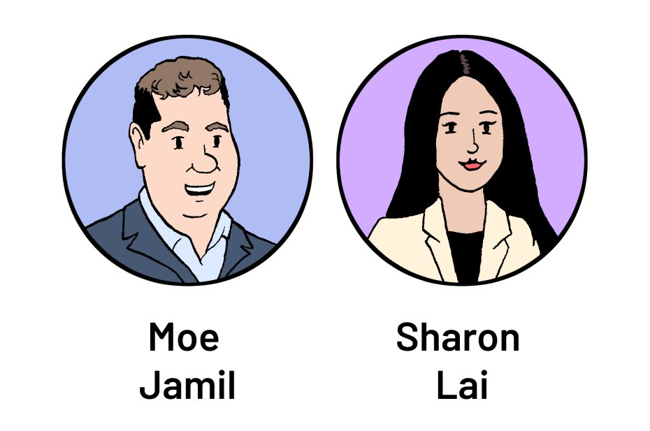 Illustration of two people in circular frames. On the left, a person with short brown hair labeled "Moe Jamil." On the right, a person with long black hair labeled "Sharon Lai.
