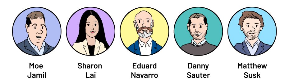 Illustrated portraits of five individuals with names: Moe Jamil, Sharon Lai, Eduard Navarro, Danny Sauter, and Matthew Susk, against colored circular backgrounds.