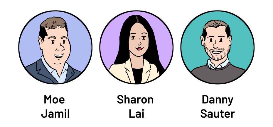 Cartoon portraits of three people labeled Moe Jamil, Sharon Lai, and Danny Sauter with different colored backgrounds.