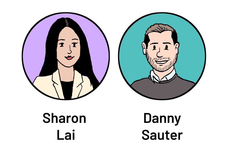 Illustrated portraits of two individuals: a woman with long black hair labeled Sharon Lai and a man with short hair and a beard labeled Danny Sauter.