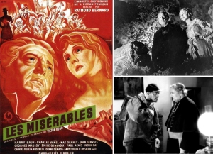 A collage with Les Misérables movie poster on the left, a black-and-white scene with two characters in a forest top right, and a black-and-white confrontation bottom right.