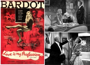 Three scenes from an old movie, "Love is my Profession." Left: a red-toned movie poster. Top-right: a woman sits on a bed as a man stands next to it. Bottom-right: a man offers a drink to a woman.