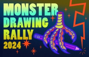 Illustration of a monster claw holding a pencil, with bold text reading "Monster Drawing Rally 2024" alongside colorful stars and lightning bolts.