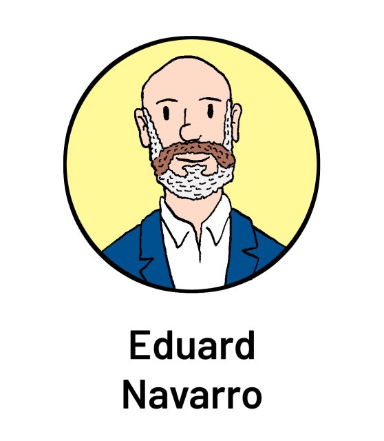 Illustration of a bald man with a bushy mustache and beard, wearing a blue blazer and white shirt, with the name "Eduard Navarro" below.