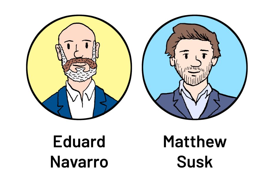 Illustration of two men side-by-side with names "Eduard Navarro" and "Matthew Susk" below each. Eduard has a beard and bald head; Matthew has short hair and stubble.