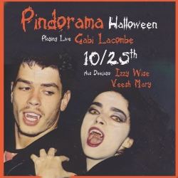 A flyer for "Pindorama Halloween" event featuring performers Gabi Lacombe, Izzy Wise, and Veesh Mary, scheduled for October 25th.