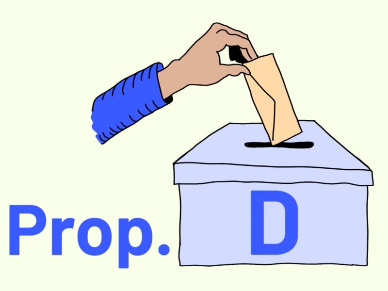 Illustration of a hand placing a ballot into a voting box with the label "Prop. D".