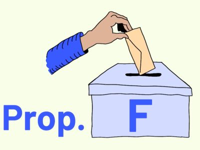Illustration of a hand placing a ballot into a box labeled "Prop. F.