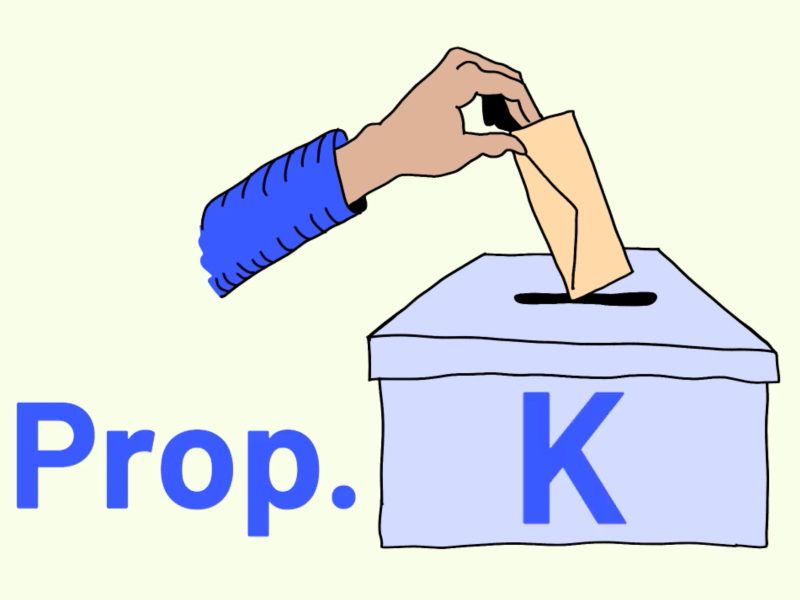 Illustration of a hand placing a ballot into a box labeled "Prop. K.