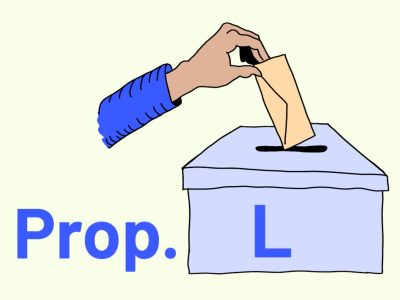 A hand places a voting ballot into a box labeled "Prop. L".