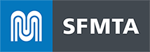 SFMTA logo with a blue section featuring a stylized "M" and a dark gray section with the letters "SFMTA.