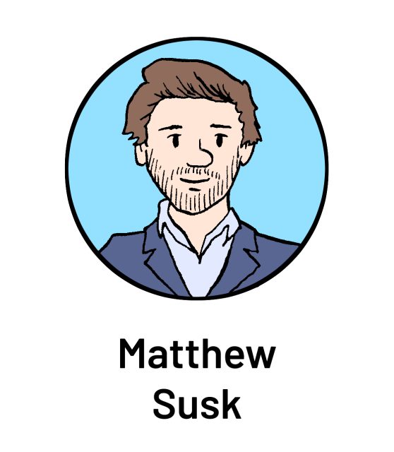 Cartoon illustration of a man with brown hair and a beard in a suit, with the name "Matthew Susk" below.