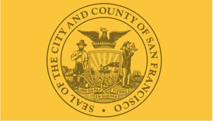 Seal of the City and County of San Francisco featuring a miner, a sailor, an eagle, and a shield with an image of a ship, and the motto "Oro en paz, fierro en guerra" on a gold background.