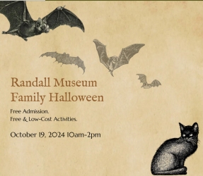 Poster for Randall Museum Family Halloween event on October 19, 2024, featuring flying bats and a sitting black cat. Free admission with activities from 10am-2pm.