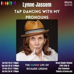 Person in a brown hat and beige jacket with a cigarette. Text above: "Lynne Jassem - Tap Dancing with My Pronouns." Event details at the bottom.