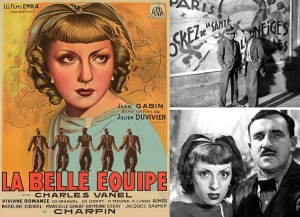 A vintage movie poster of "La Belle Equipe" on the left, and black-and-white stills of actors from the film on the right.