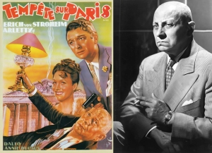 A colorful movie poster for "Tempête sur Paris" featuring actors and a lamplight, alongside a black-and-white photo of a serious man in a suit, holding a cigar.