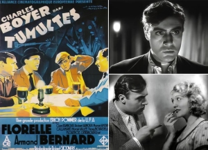 Vintage movie poster featuring three scenes from a film with actors in dramatic situations. The larger image shows a group dining, while two smaller monochrome stills depict intense character interactions.