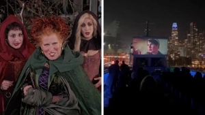 Split image: On the left, three women in witch costumes; on the right, a nighttime outdoor movie screening with people watching a film against a city skyline.