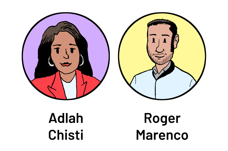 Illustration showing two people: Adlah Chisti, a woman with long hair and hoop earrings, and Roger Marenco, a man with short hair and a beard, each inside a circle with colored backgrounds.