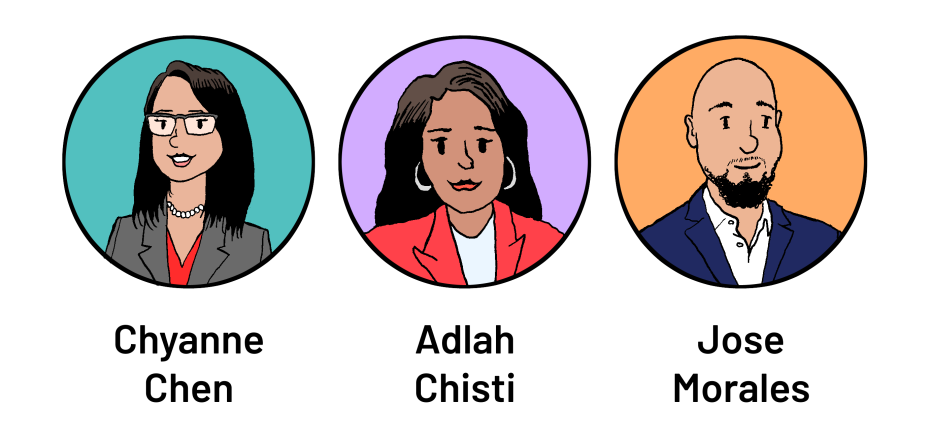 Illustration of three people in circular frames with names: Chyanne Chen, Adlah Chisti, and Jose Morales, each on different colored backgrounds.