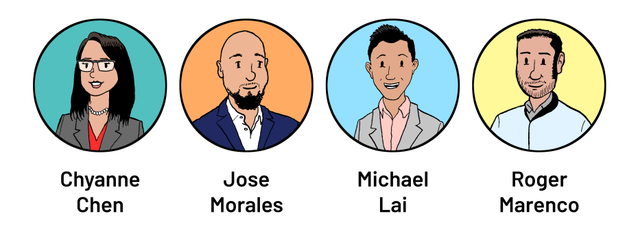 Illustration of four individuals, each in a circular frame with names: Chyanne Chen, Jose Morales, Michael Lai, and Roger Marenco.