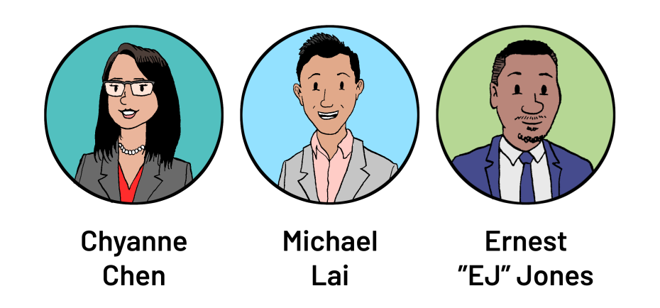 Illustration of three individuals in circular frames with names: Chyanne Chen, Michael Lai, and Ernest "EJ" Jones.