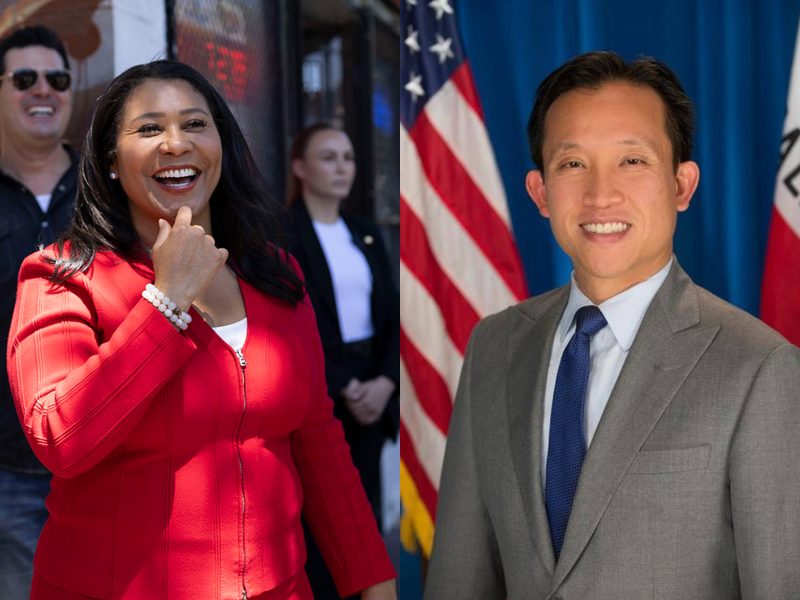 A woman in a red outfit smiles while standing outside. A man in a suit poses indoors with a U.S. flag in the background.