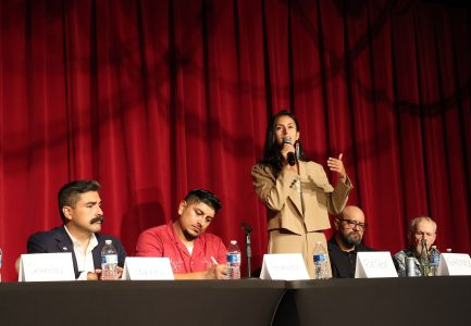 From left to right: District 9 candidates Stephen Torres, Julian Bermudez, Jackie Fielder, Jaime Gutierrez, and H. Brown pictured during a forum at Mission Cultural Center for Latino Arts. Oct. 2, 2024.