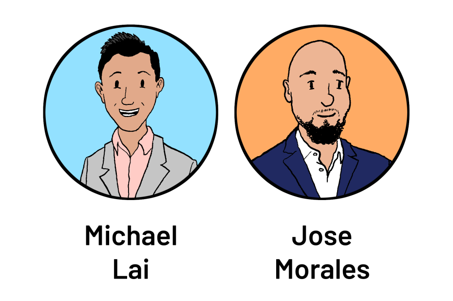 Illustration of two men in circles: one labeled "Michael Lai" with short hair and a suit, the other "Jose Morales" bald and bearded, also in a suit. Backgrounds are blue and orange, respectively.